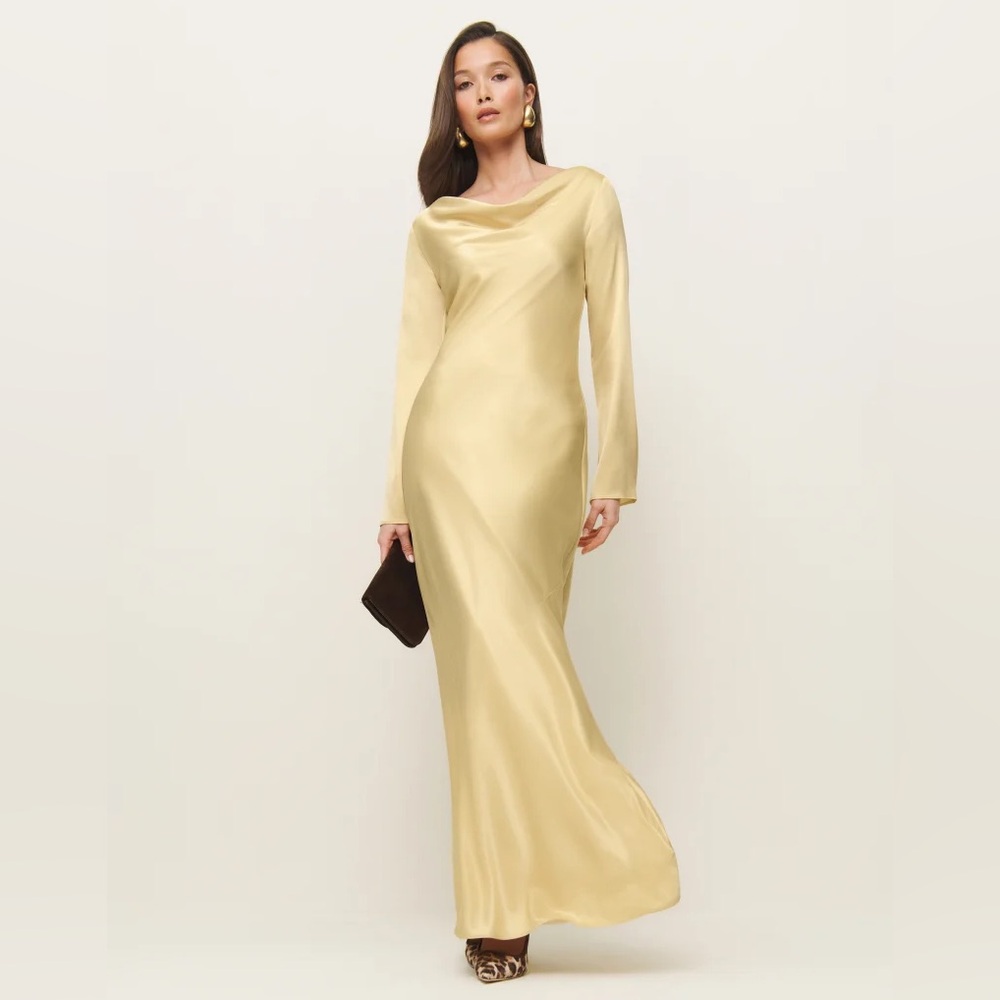NWT Reformation ciana Satin Long Sleeve Dress maxi gown yellow boat neck size 6